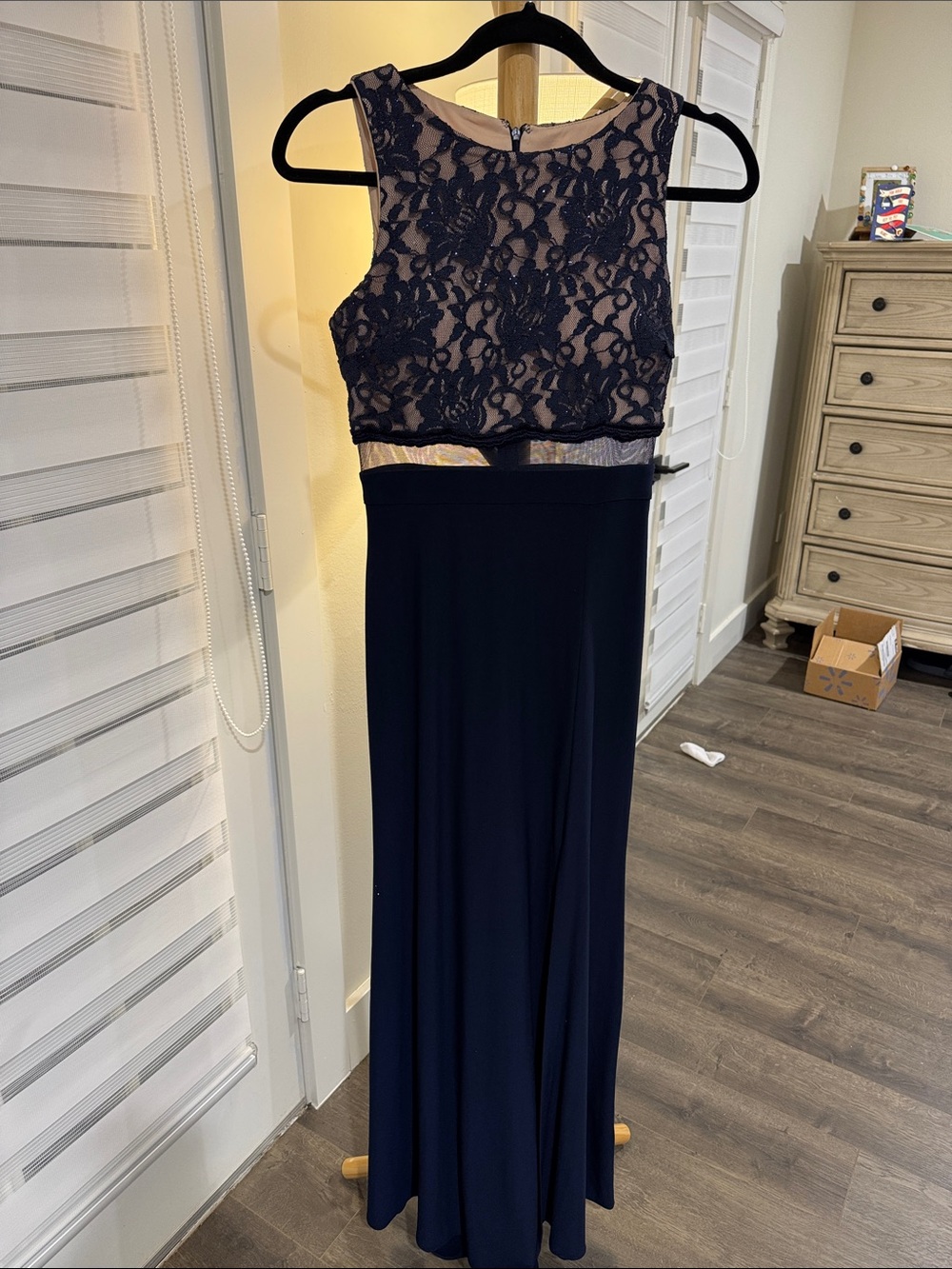 Night Way Collections Navy Lace Maxi Dress with Illusion Waist